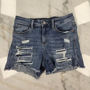 Judy Blue Destroyed High Rise Denim Shorts JB150122 Medium Wash Raw Hem Size M